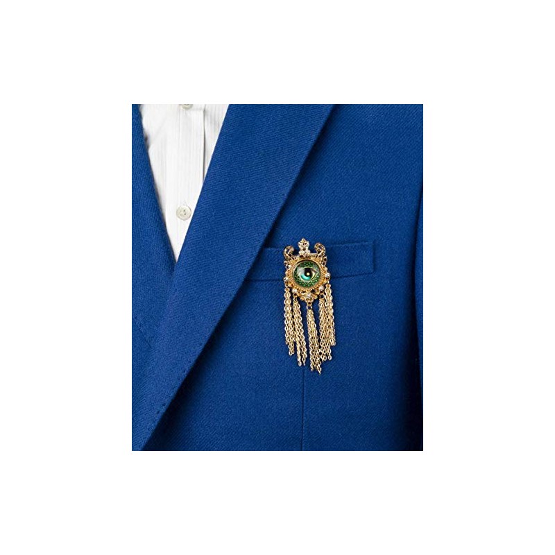 Knighthood Brooch Pin Gold Crowned Green Evil Eye with Hanging