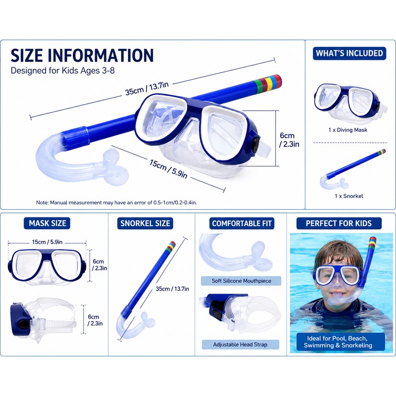 Kids Snorkel Mask Set Ages 3–8 – Anti-Fog Swimming Goggles