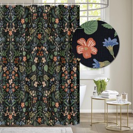 Tititex Boho Rustic Floral Black Faux Linen Shower Curtain, Vintage Watercolor Leaves with Flowers Bathroom Decoration Shower Curtain Sets 71x71 Inch with Hooks