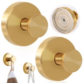 2 Pcs Metal Suction Cup Hooks, Bathroom Vacuum Suction Hooks Heavy Duty for Tower, Stainless Steel Suction Cup Hanger Shower Hooks, No-Drilling Hook Household Suction Wall Hanger (Gold)