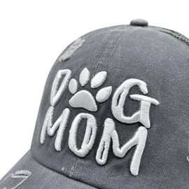 Waldeal Dog Mom Trucker Hat, Adjustable Messy Bun Ponytail Hat for Women Embroidered Distressed Baseball Cap Grey