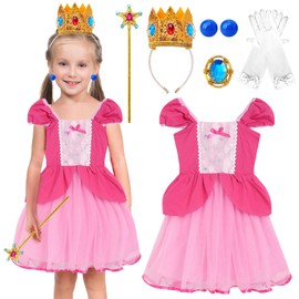 6Pcs Pink Peach Princess Costume for Girls, Pink Princess Peach Fancy Dress Super Bros Princess Dress with Crown Headband Gloves Earrings Ring Wand for Cosplay Birthday Party World Book Day Carnival
