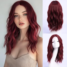 YaissmyLu Medium Length Burgundy Wavy Wigs for Women 12 Inch Middle Part Wavy Wig Wine Red Natural Looking Synthetic Heat Resistant Fiber Wig for Daily Use(18 inch)