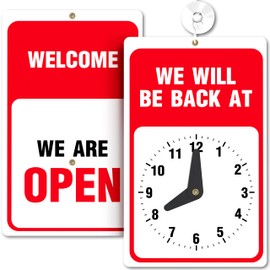 ASSURED SIGNS Be Right Back Sign, Will Return Sign With Clock - 9.25 x 5.75 Inch - Bright Red and White Colors - Includes Suction Cup - Ideal Signs for Business, Retail Store, Office Door or Window