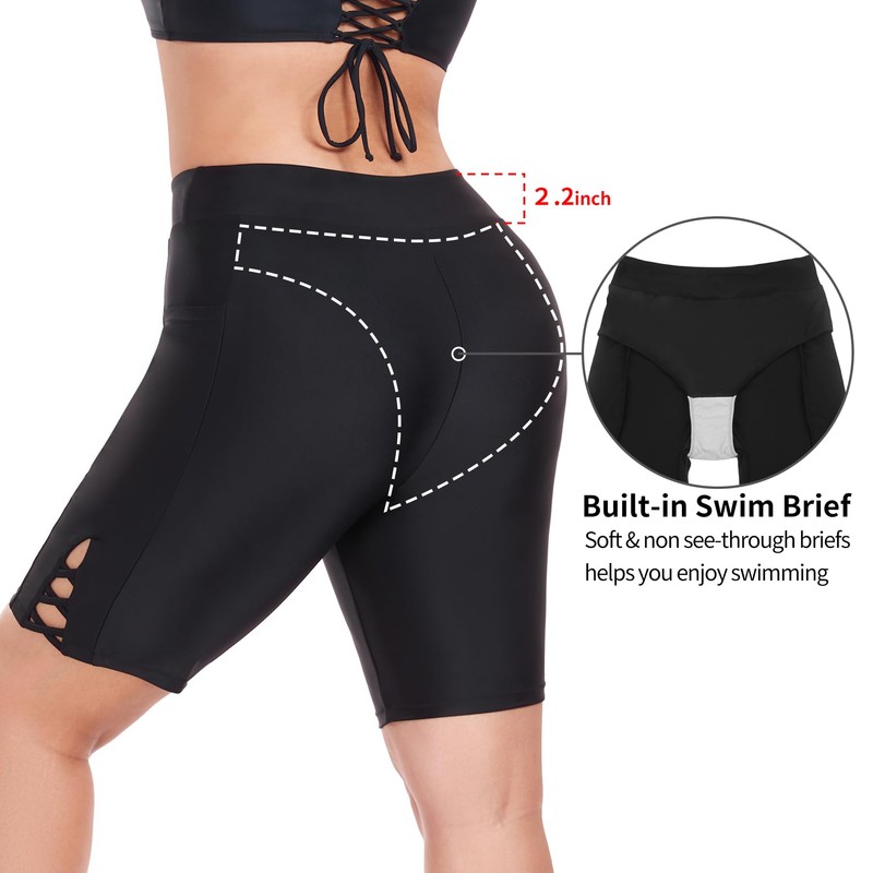 RELLECIGA Women's Black 8" High Waisted Swim Shorts UV Sun