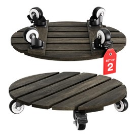 Idzo 2-Pack 14 Inch Acacia Wood Rolling Round Plant Caddy for Plant Pots, Heavy Duty Plant Stand with 360° Lockable Wheels, 264 lbs Capacity Caddy for Indoor and Outdoor Use, Black