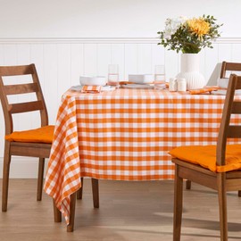 HOMESCAPES Orange Table Cloth, Cotton Gingham Tablecloth, Rectangular Block Check, Handcrafted & Durable Dining Table Cover with Hem Stitch, Hypoallergenic, Washable, 137 x 228cm