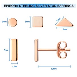 Sterling Silver Stud Earrings for Women Men- 4 Pairs of Hypoallergenic Simple Geometric Small Stud Earring Set Tiny Circle Triangle Square Bar Stud Earrings Mini Cartilage Tragus Earrings(Rose Gold)