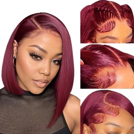 OLFORY 99j Burgundy Bob Wig Human HaIr Wigs 13x4 Lace Front Wigs for Black Women Straight Burgundy Human Hair Pre Plucked 180% Density Transpaent Lace Frontal Wig 99j Short Bob 14 inch