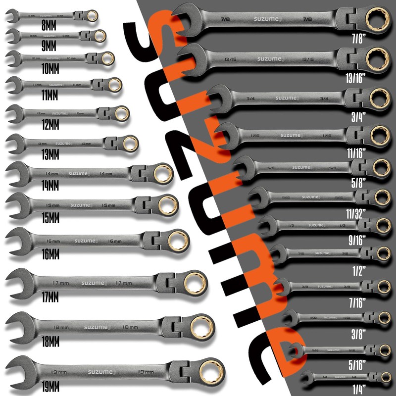 SUZUME 24-Piece Metric and SAE Flex Head Ratcheting Wrench Set