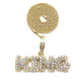 NYFASHION101 Stone Stud Bubble Letter King Pendant with 3mm 18" Rope Chain Necklace, Gold-Tone