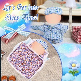 17cm Doll Pajamas and Sleeping Accessories, 6 Pcs, 1 Set Blue Pajamas Pants Eyemask+Bedding Set 1 Mattress 1 Pillow 1 Blanket, Plush Monster Doll Clothes Accessories for Girls Boys Roleplay Gift