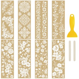 WANDIC 8PCS Gold Stamping Flowers Rub On Transfer Stickers, Lace Flowers Theme Transfer Decals for Furniture Scrapbooking Window, 10 * 30cm