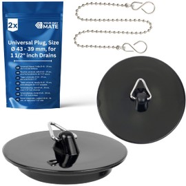 Universal Plug with Chain, Pack of 3, Black, Diameter 41 to 36 mm Top on Bottom, PVC Drain Plug for 1 1/2 Inch Valve Tops, Sink Plug Chain with S-Hooks, Bath Plug
