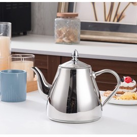 SANQIAHOME Stainless Steel Teapot Coffee Servers 70oz(2.0 litres) 6-8 Cups，Easy Pour Silver Tea Pot