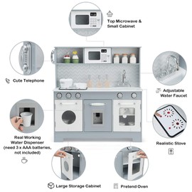 Costzon Kids Kitchen Playset, Wooden Pretend Cooking Playset w/Stove, Fridge, Microwave, Removable Sink, Water Dispenser w/Light Sound, Cabinets, Great Gift for Boys Girls