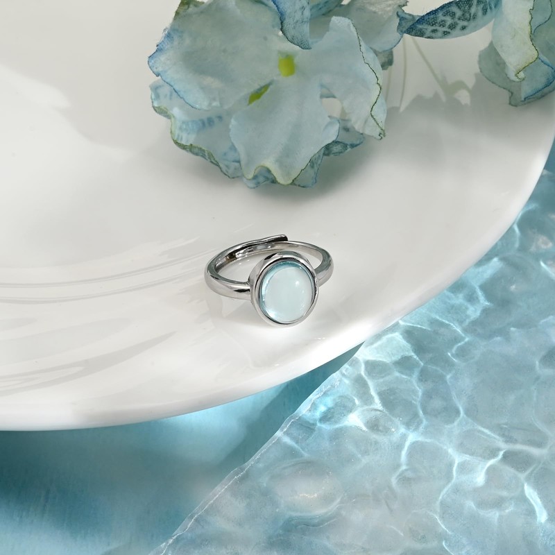 Weviway Silver Plated Aquamarine Ring with Oval Shape, Light Blue,