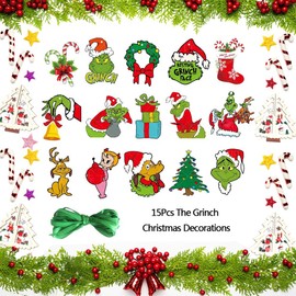 15Pcs Grinch Christmas Decorations, Christmas Tree Ornament Grinch Pendants for Hanging on Xmas Tree, Winter Holiday Party Supplies (15pcs)
