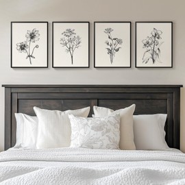 Framed Black and White Floral Wall Art for Bedroom, 4 Piece Vintage Botanical Canvas Paintings Artwork for Modern Farmhouse, Minimalist Flower Pictures for Living Room Kitchen Bathroom Wall Decor
