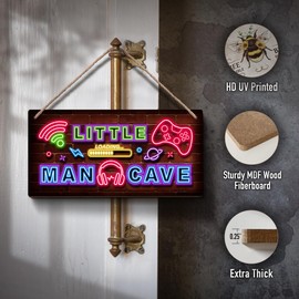 YZEXEZY Gaming Decor for Boys Room Neon Paint Little Man Cave Wooden Sign for Gamer Room Decor Boys Kids Room Wall Decoration 6"x12"