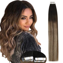 VeSunny Tape in Hair Extensions Real Human Hair Black to Brown Ombre Ash Blonde #1B/4/18 Tape in Human Hair Extensions Thick End Balayage Hair Tape in Extensions Real 20inch 25g 10pcs