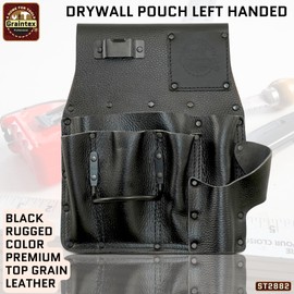 Graintex Drywall Pouch Heavy Duty Top Grain Leather, Steel Hammer Holder, Drywall Tool Belt, Framers Tool Pouch, Construction, Carpenter, Electricians (Black Rugged, Left Handed)