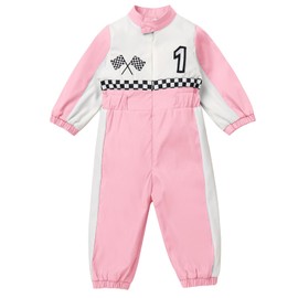 FYMNSI Baby Girls Boys Racing Suit 1st First Birthday Outfit Toddler Car Driver Coveralls Fast One Year Old Party Photoshoot One-piece Long Sleeve Zip Jumpsuit Romper Bodysuit Overall Pink 9-12M
