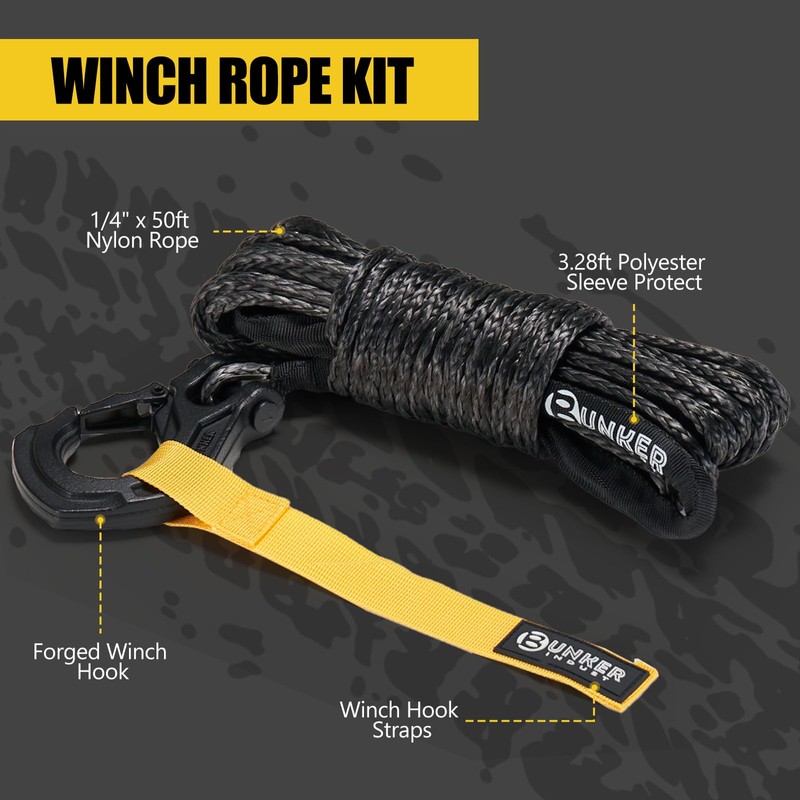 BUNKER INDUST 1/4" x 50' Synthetic Winch Rope Kit,11023LBS Winch