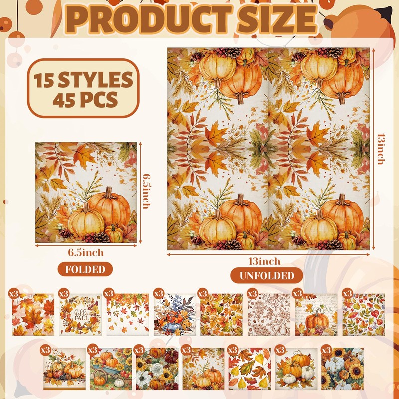45 Pack Fall Decoupage Napkins 15 Styles for DIY Project