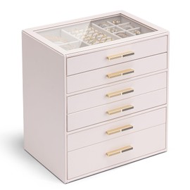 Vlando 6-Drawer Jewelry Box with Glass Lid, Faux Leather Organizer for Rings, Earrings, Necklaces and More, Gift-Ready Jewelry Case for Women Girls or Moms, Pink Beige