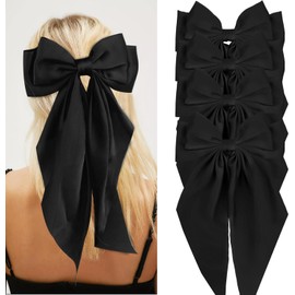 4pcs Satin Hair Accessories - Large Bows, Barrettes with Long Tails, Cute Clips for Women & Girls (Black, One size)
