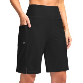 G Gradual Women's 9" Long Swim Board Shorts with Pockets High Waisted Knee Length Beach Swimming Shorts for Women with Liner(Black,S)