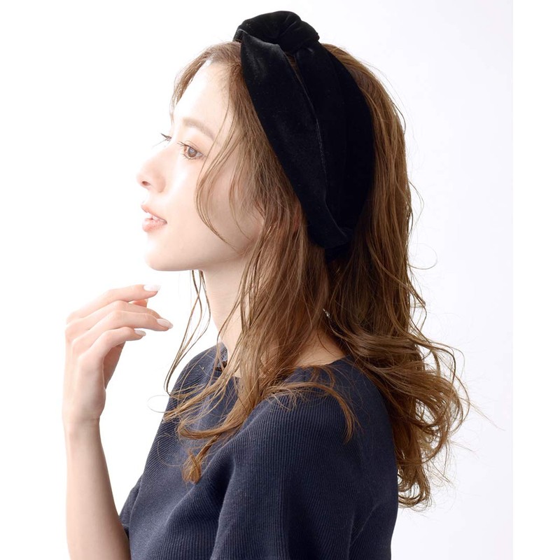VINGTAINE Velour Black Turban Hair Band Cross Headband Wide Volume