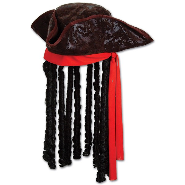 Beistle Caribbean Pirate Hat with Dreadlocks - One Size Fits Most, Halloween Costume Dress Up, Pirate Costume, Pirate Accessories, Pirate Party Supplies,Brown/Red