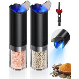 FORLIM Salt and pepper grinder set with integrated dust cover, gravity-operated USB rechargeable pepper mill, adjustable coarseness, portable and suitable for travel and outdoor BBQ (Black Set)
