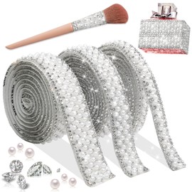 FULZTEY Pearl Rhinestone Ribbons,3 Sizes Width Pearls Strings for Decorating,Self Adhesive Pearl Trim Sticker,Bling 3 Rolls Crystal Adhesive Rhinestone Strips for DIY Crafts Gifts Parties Decoration