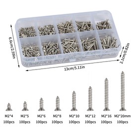 Pack of 800 M2 Phillips Screws Countersunk Tapping Screws Carbon Steel Kits, Wood Screws Flat Head Self Tapping Screws Set, Grub Screw Tek Screws in Metals with Storage Box