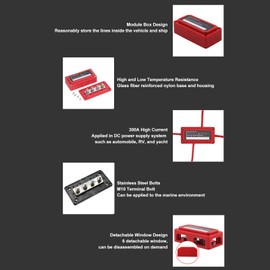 48V 300A DC Busbar Terminal Block, Busbar Box, Distribution Block, M8 Screw Terminal Busbar, 6 Removable Window Type Design for Car Boat Caravan Yacht (Red)