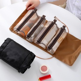 4 in 1 Removable Sections Roll Up Cosmetic Bag Organiser -4 Zipped Section Toiletry Bag, Easy Closure, Travel, Holiday, Overnight Stay (4 in 1 TAN Roll)