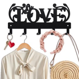 MAYJOYDIY Love Butterfly Vine Metal Key Hook Vine Leaves Coat Rack Wall Mounted 9.8×4.7inch Black Art Wall Decor Key Holder with 5 Hooks for Gift Coats Hats Towels Bags Hanging