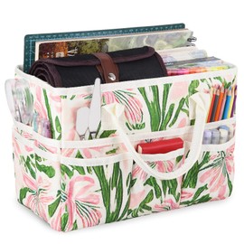 qianshan Craft Organizer Tote Bag with Multiple Pockets,Large Art Storage Caddy with Handles for Art,Craft,Journal,Sewing,Make-up,Scrapbooking,Medical and Office Supplies Storage.Green Pink Printing