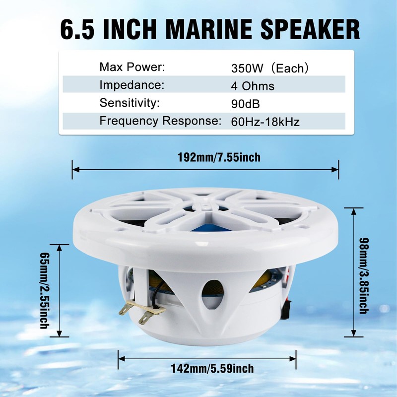 6.5" 350W Marine Speakers - IP66 Waterproof Coaxial Audio, with