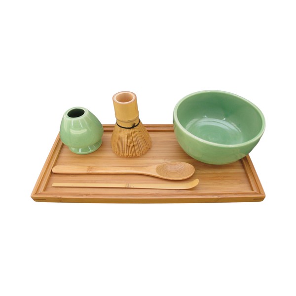 BambooMN Brand - Matcha Bowl Set (Includes Bowl, Rest,Tea Whisk, Chasaku, Tea Spoon & Tray) 1 Set Soft Light Green