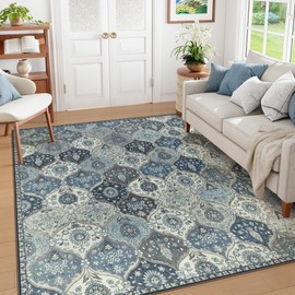 Lahome Moroccan Washable Rug 9x12, Ultra-Thin Soft Living Room Area Rug with Rubble Backing,Non-Slip Washable Rugs for Bedroom Non Shedding Throw Rugs for Living Dining Room Office (9x12,Blue)