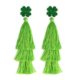 St. Patrick's Day Earrings Bohemian Green Layered Tassel Dangle Drop Earrings Glitter Lucky Clover Irish Shamrock Acrylic Stud Earrings for Women Holiday Jewelry -Style 4