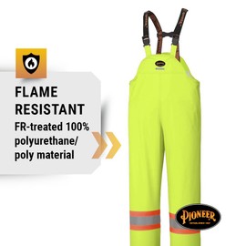 Pioneer Waterproof FR Oil & Chemical Resistant Rain Bib Pants for Men - Lightweight Safety Work Overalls - Class 3 - Yellow