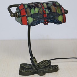 errzom Mini Small Dragonfly Tiffany Style Stained Glass Banker Desk Table Lamp with Adjustable 8" Wide Lampshade for Reading Working Living Room Bedroom Library Bedside, 10" Tall,Red green