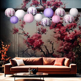Bencailor 13 Pcs Chinese Japanese Paper Lantern Chinese New Year Lantern Decorative Hollow Out Round Plum Blossom Chinese Lantern Chinese Party Decor for Spring Festival (Sweet Color)