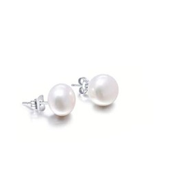 TreasureBay Natural Freshwater Pearl Stud Earrings With 925 Silver (White)