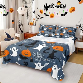 Erosebridal Juego de sábanas de calabaza con diseño de murciélagos de gato negro para niños y niñas, juego de sábanas de caramelo fantasma blanco, juego de ropa de cama de Halloween, telarañas góticas, decoración de Halloween